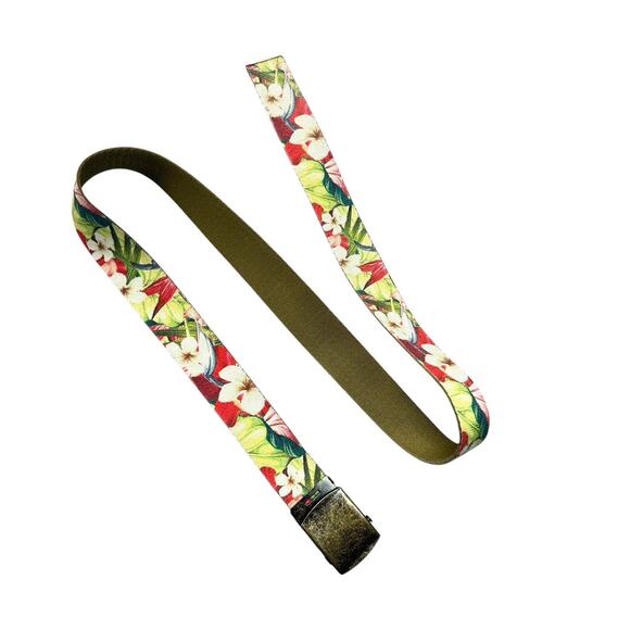 Hawaiian Print Webbing Belt Mens Sz Large Floral Adjustable Ribbon Retro - Picture 1 of 8